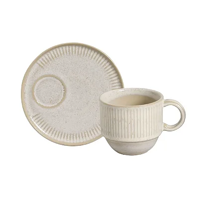 Conjunto 6 Xícaras de Chá com 6 Pires Linhas Latte em Stoneware