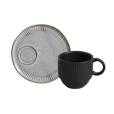 Conjunto 6 Xícaras de Chá com 6 Pires Linhas Dust em Stoneware