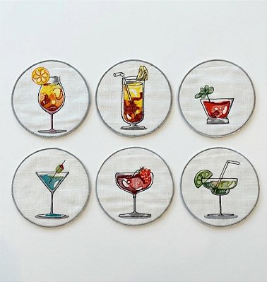Porta Copos Casa Cocktail com Bordado 6 Unidades Auguri Casa 10cm