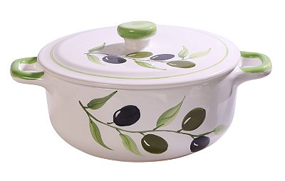 Adorno Panela Lisa Grande com Tampa Azeitoninhas Kitchen em Cerâmica Decorativa