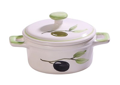 Adorno Panela Lisa Pequena com Tampa Azeitoninhas Kitchen em Cerâmica Decorativa