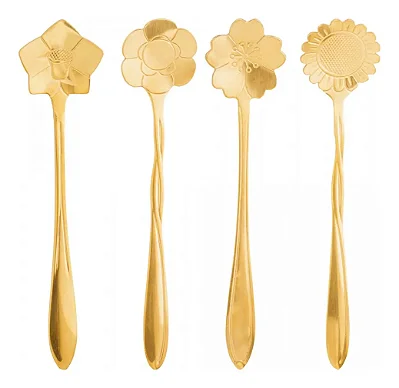 Conjunto 4 Colheres de Chá Flores Dourado Wolff em Aço Inox