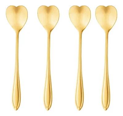 Conjunto 4 Colheres de Chá Heart Dourado Wolff em Aço Inox com Detalhes Sofisticados