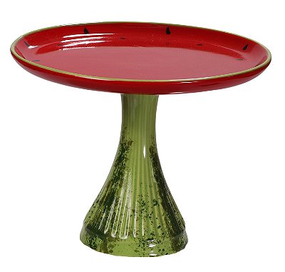 Prato Raso Liso com Pé Alto Melancia Tutti-Frutti em Cerâmica Decorativa Pintada à Mão