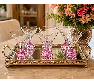 Conjunto de 6 Taças De Vidro Base Diamantada Rosa 290ml