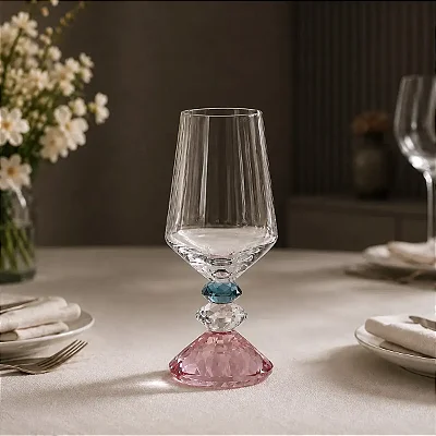 Conjunto com 6 Taças Vidro P/vinho 3 Diamantes Cristal Base Rosa 595ml