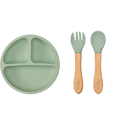 Kit Pratinho em Silicone com Ventosa + Talheres em Silicone e Bambu Verde