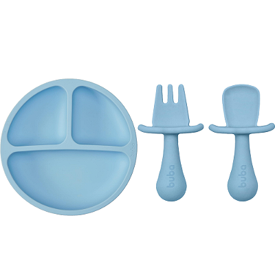 Kit Pratinho em Silicone com Ventosa + Kit Talheres - Azul