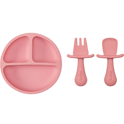 Kit Pratinho em Silicone com Ventosa + Kit Talheres - Rosa