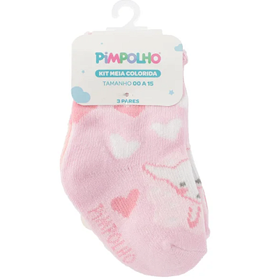 Kit Meia Colorida c/ 3 pares Tag 00-15 Pimpolho Rosa Ovelha / Rosa Corações / Rosa Ovelha