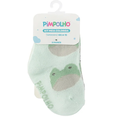 Kit Meia Colorida c/ 3 pares Tag 00-15 Pimpolho Verde Sapo / Off White Coroa / Verde Sapos