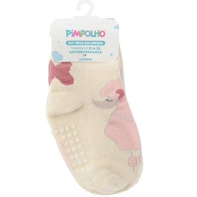 Kit Meia Colorida c/ 3 pares 21-25 Antiderrapante Pimpolho Bege Poodle / Rosa Laços / Rosa Laços