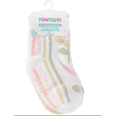 Kit Meia Colorida c/ 3 pares 21-25 Antiderrapante Pimpolho Branca Flores / Rosa Xadrez / Rosa Listras