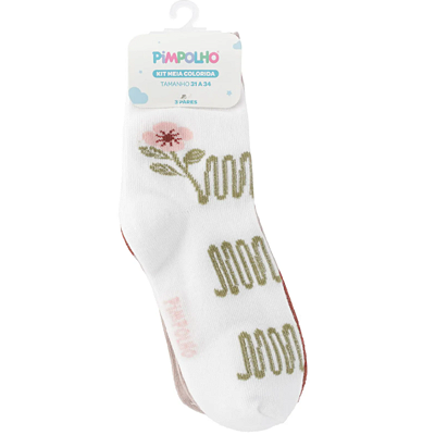 Kit Meia Colorida c/ 3 Pares 31-34 Pimpolho Branca Ondas / Bege Flores / Bege Gato