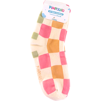 Kit Meia Colorida c/ 3 Pares 31-34 Pimpolho Off White Xadrez / Bege Flores / Bege Flores