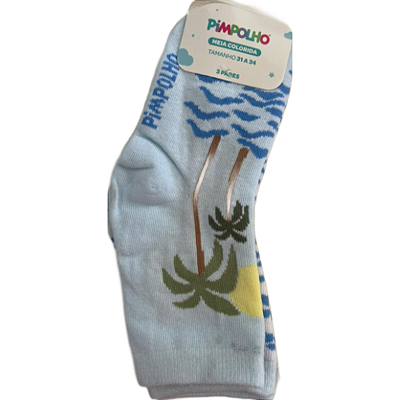 Kit Meia Colorida c/ 3 Pares 31-34 Pimpolho Azul Paisagem / Branca Àgua / Azul Coqueiros