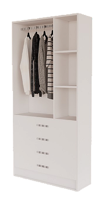 Armário Estante com 4 Gavetas e Cabideiro E nichos laterais 30x30 – Ideal para Closet e Lojas | MDF 15mm – 1,85x0,90x0,32m