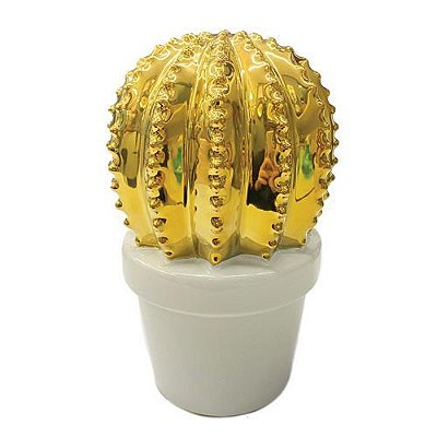 CACTO DOURADO CERAMICA NO VASO BRANCO
