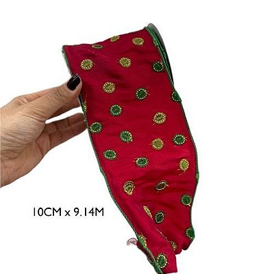 FITA TAFETA VERMELHA BORDADA COM VERDE 10X9.14M