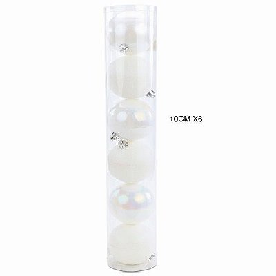 BOLA TUBO LISA/GLITTER/NAC BCO 10CM JG C/6 PC