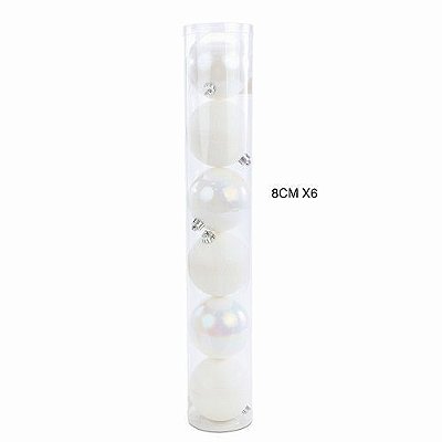BOLA TUBO LISA/GLITTER/NAC BCO 8CM  C/6 PC