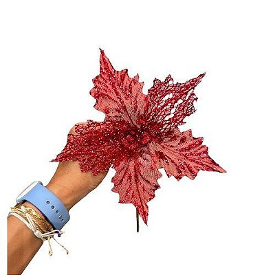 FLOR DE NATAL POINSETIA DE RENDA VERMELHO 25CM