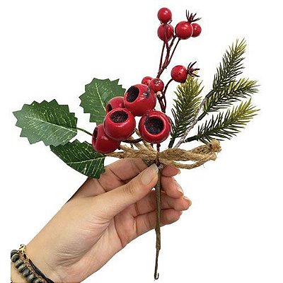 HASTE CEREJA C/ FOLHAGEM E LACO 23CM