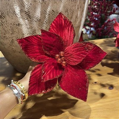 POINSETIA VELUDO VERMELHO COM GLITTER X8 30X20CM