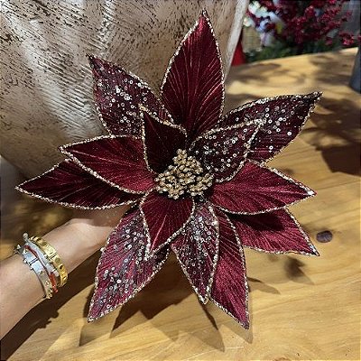 POINSETIA VELUDO VINHO COM GLITTER 45X29CM
