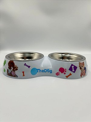Comedouro/Bebedouro para Pet Cão ou Gato | Duplo | Aço Inox + Plástico | 30,5x16x5,5cm