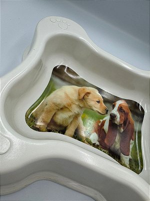 Comedouro/Bebedouro para Pet Cão ou Gato | Formato de Osso | Estampa Dois Cachorros