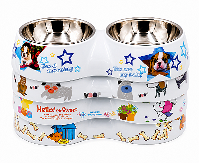 Comedouro e Bebedouro Duplo Plástico + Inox 300 ml Cães e Gatos