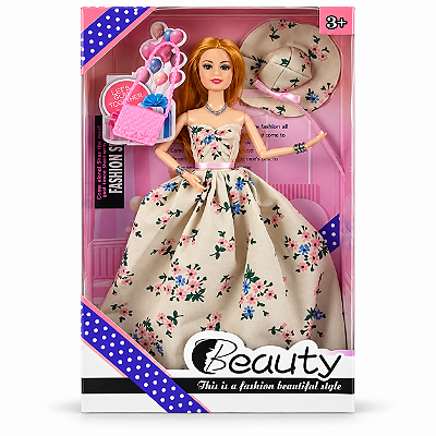 Boneca Fashion Beauty com Vestido Floral, Chapéu e Bolsa