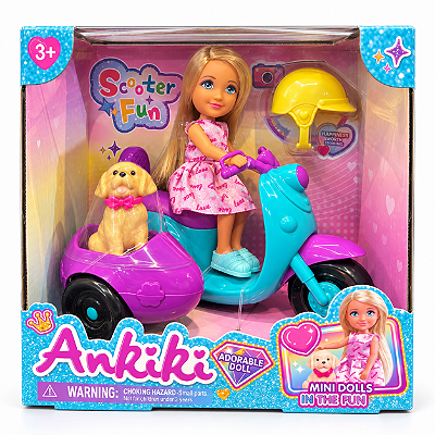Boneca Anikiki c/ Scooter-Cachorrinho-Sidecar e Capacete