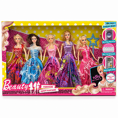 Brinquedo - Kit com 5 Bonecas Fashion com Vestidos Coloridos