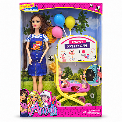 Boneca com Carrinho Duplo, 2 Bonequinhas e Balões