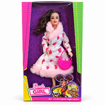 Boneca Fashion Beauty Girl com Vestido Felpudo e Bolsa
