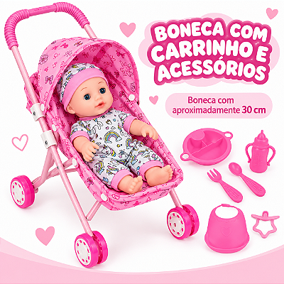 Brinquedo Boneca Bebê Com Carrinho e Acessórios