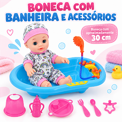 Brinquedo Boneca Bebê 30cm Com Banheira e Acessórios