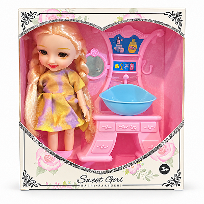 Mini Boneca Sweet Girl com Pia e Acessórios de Banheiro