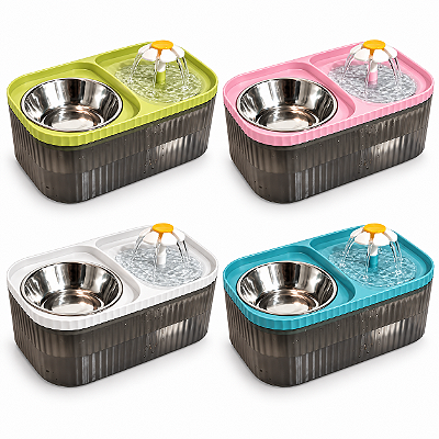 Fonte de Água Elétrica com Flor Bivolt + Comedouro em Inox para Pet - Azul
