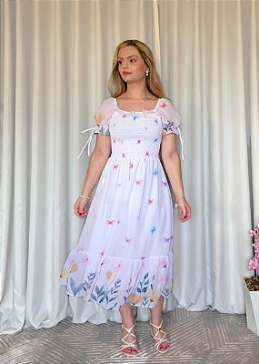 Vestido Midi Sofia Branco Borboletário