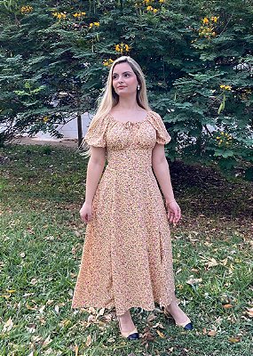 Vestido Supermidi Bela Floral Liberty Amarelo