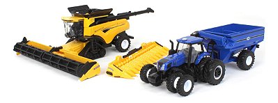 Set de Miniatura de Colheita New Holland Colheitadeira CR8.90 Smartrax e Trator com Graneleiro 1/64 ERTL
