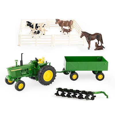 Kit Fazenda John Deere Trator 4020 Arado Vagão Animais 1:32