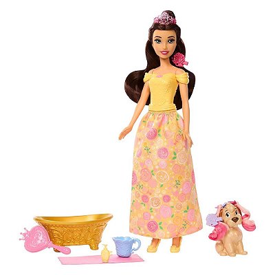 Boneca Mattel Disney Belle Bathe & Brush Dog Oficial