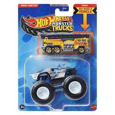 Miniatura Hot Wheels Monster Truck Plus Car Night Shifter JCG38 Diecast Original Colecionável