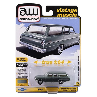 Miniatura Auto World Vintage Muscle 1963 Chevy II Nova 400 Wagon Prata 1:64
