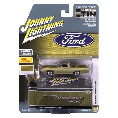 Miniatura Johnny Lightning Storage Tin 1970 Ford Ranchero 500 Dourado 1:64 JLCT018