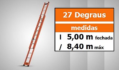 Escada Extensível Fibra Vidro Vazada EAFV-27 altura 5,00 x 8,40 M - degraus redondos